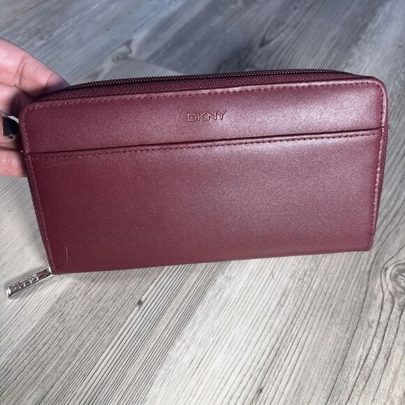 DKNY Bryant Zip Around Compact Wallet in burgundy leather - Picture 1 of 9